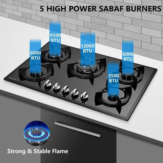 Alt view image 2 of 7 - 30 Inch Gas Cooktop, Built-in Tempered Glass 5 Burners Gas Stovetop LPG/NG Convertible Gas Stove Top Dual Fuel Gas Hob DM517-01