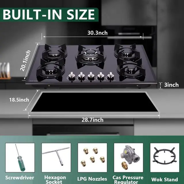 Alt view image 4 of 7 - 30 Inch Gas Cooktop, Built-in Tempered Glass 5 Burners Gas Stovetop LPG/NG Convertible Gas Stove Top Dual Fuel Gas Hob DM517-01