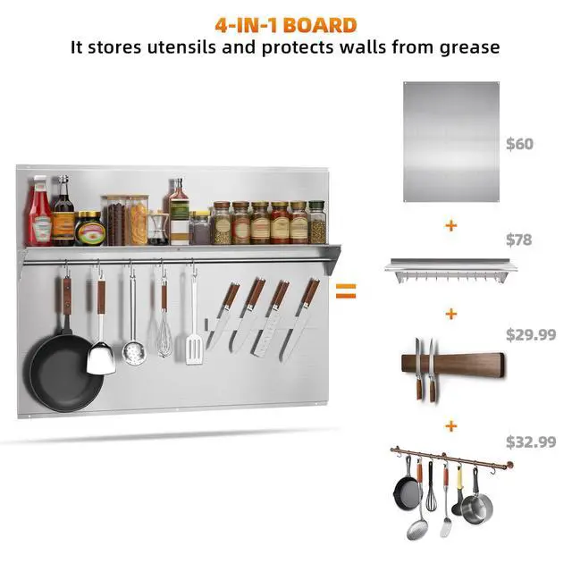 Alt view image 2 of 7 - 42"x30" Stainless Steel Range Backsplash, Stove Backsplash With Storage Shelf & Magnetic Knife Rack, Stainless Steel Backsplash For Stove, Range Hood Wall Shield With Pre-Drilled Holes