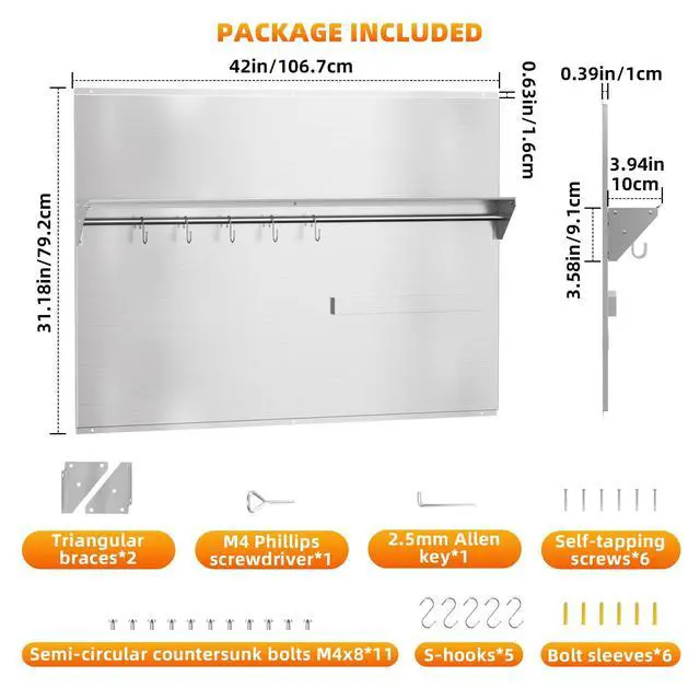 Alt view image 5 of 7 - 42"x30" Stainless Steel Range Backsplash, Stove Backsplash With Storage Shelf & Magnetic Knife Rack, Stainless Steel Backsplash For Stove, Range Hood Wall Shield With Pre-Drilled Holes
