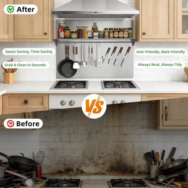 Alt view image 4 of 7 - 42"x30" Stainless Steel Range Backsplash, Stove Backsplash With Storage Shelf & Magnetic Knife Rack, Stainless Steel Backsplash For Stove, Range Hood Wall Shield With Pre-Drilled Holes