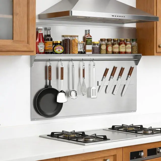 Alt view image 7 of 7 - 42"x30" Stainless Steel Range Backsplash, Stove Backsplash With Storage Shelf & Magnetic Knife Rack, Stainless Steel Backsplash For Stove, Range Hood Wall Shield With Pre-Drilled Holes