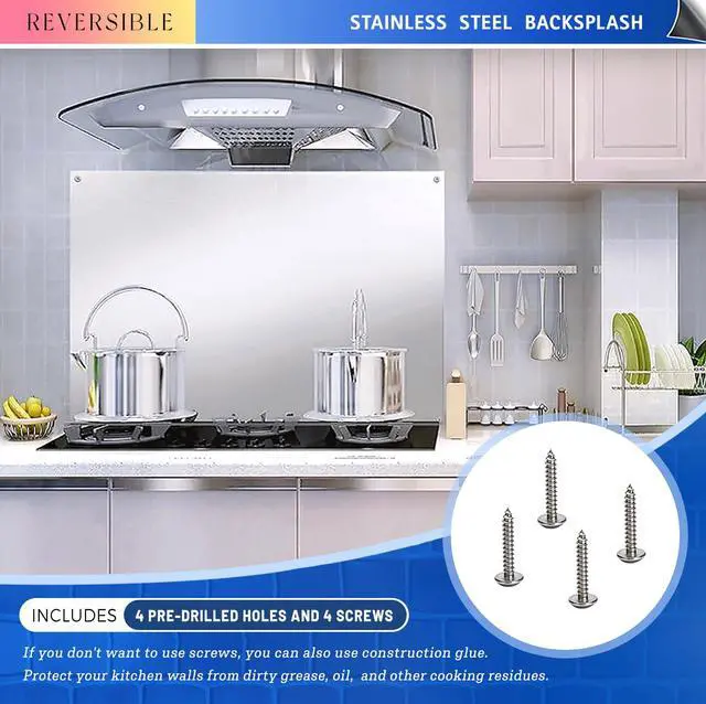 Alt view image 2 of 7 - Stainless Steel Backsplash for Stove 24"x30" Stove Backsplash Protector for Wall Metal Range Splash for Kitchen Wall with Screw Included0.05" Thick)