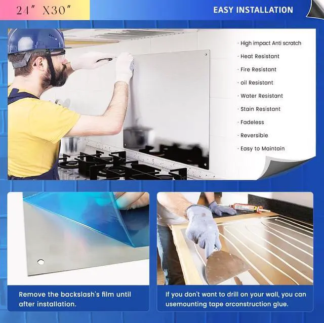 Alt view image 7 of 7 - Stainless Steel Backsplash for Stove 24"x30" Stove Backsplash Protector for Wall Metal Range Splash for Kitchen Wall with Screw Included0.05" Thick)