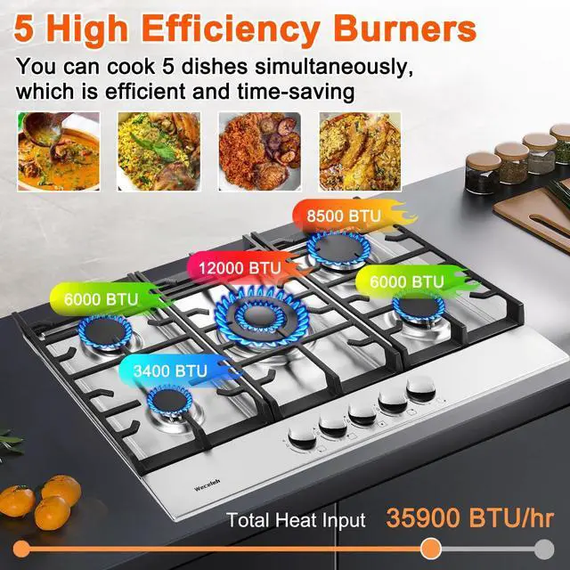 Alt view image 3 of 6 - 30 Inch Gas Cooktop, 5 Burners Built in Gas Stove Top | NG/LPG Convertible Propane Cooktop, Auto Ignition, Stainless Steel Surface, Cast Iron Grates, Thermocouple Protection, ETL