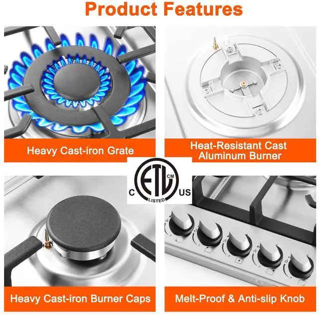 Alt view image 4 of 6 - 30 Inch Gas Cooktop, 5 Burners Built in Gas Stove Top | NG/LPG Convertible Propane Cooktop, Auto Ignition, Stainless Steel Surface, Cast Iron Grates, Thermocouple Protection, ETL