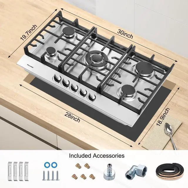 Alt view image 5 of 6 - 30 Inch Gas Cooktop, 5 Burners Built in Gas Stove Top | NG/LPG Convertible Propane Cooktop, Auto Ignition, Stainless Steel Surface, Cast Iron Grates, Thermocouple Protection, ETL