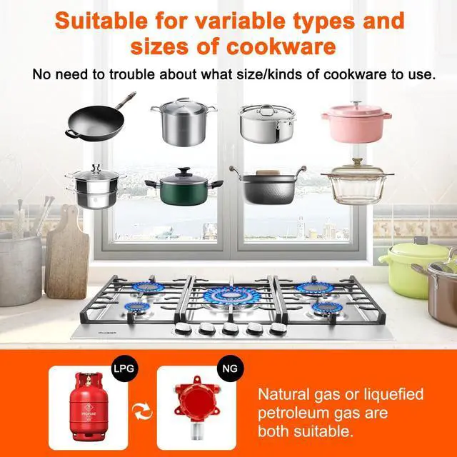Alt view image 6 of 6 - 30 Inch Gas Cooktop, 5 Burners Built in Gas Stove Top | NG/LPG Convertible Propane Cooktop, Auto Ignition, Stainless Steel Surface, Cast Iron Grates, Thermocouple Protection, ETL
