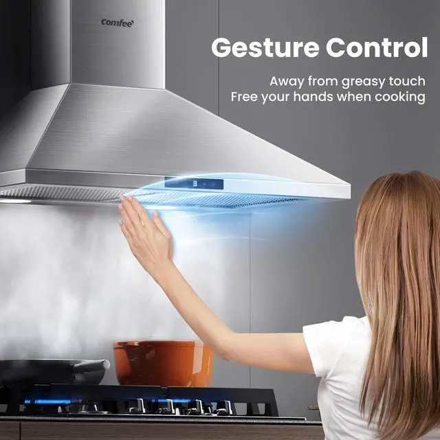 Alt view image 2 of 7 - 30 Inch Wall Mount Range Hood, 450 CFM Ductless/Ducted Convertible | 3-Speed Gesture Sensing &Touch Control Stainless Steel Chimney Kitchen Vent Hood, 2 Baffle Filters &2 LED Lights