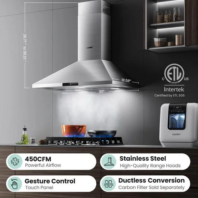 Alt view image 3 of 7 - 30 Inch Wall Mount Range Hood, 450 CFM Ductless/Ducted Convertible | 3-Speed Gesture Sensing &Touch Control Stainless Steel Chimney Kitchen Vent Hood, 2 Baffle Filters &2 LED Lights