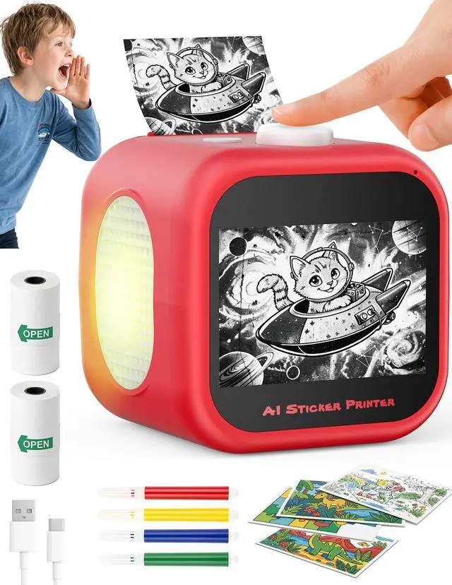Main image of Kids AI Voice Sticker Printer Box Toy, No Phone App Needed, Power on & Print by Voice, Ink-Free Thermal Machine with 3.5" Touch Screen, DIY Crafts & Journaling, Birthday Gift for Kids Ages 3+
