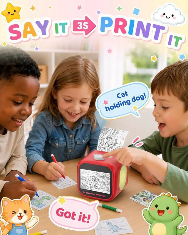 Alt view image 2 of 7 - Kids AI Voice Sticker Printer Box Toy, No Phone App Needed, Power on & Print by Voice, Ink-Free Thermal Machine with 3.5" Touch Screen, DIY Crafts & Journaling, Birthday Gift for Kids Ages 3+