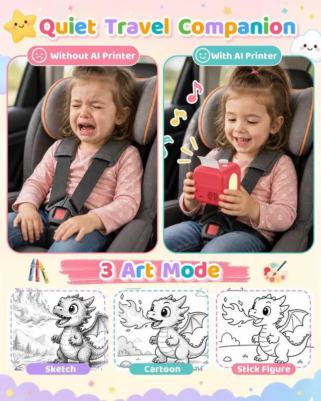 Alt view image 7 of 7 - Kids AI Voice Sticker Printer Box Toy, No Phone App Needed, Power on & Print by Voice, Ink-Free Thermal Machine with 3.5" Touch Screen, DIY Crafts & Journaling, Birthday Gift for Kids Ages 3+