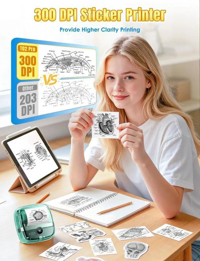 Alt view image 2 of 7 - 300DPI Sticker Printer - T02 Pro Mini Thermal Printer AI Sticker Maker | Mini Printer for Journaling Supplies, Study Supplies, Bluetooth Printer for Gift, Journaling Kit, Study, Scrapbooking, Photos