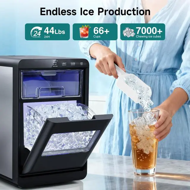 Alt view image 3 of 7 - Nugget Ice Maker Countertop, 44Lbs/24H Pebble Ice Maker with Water Tank, Soft Chewable Pellet Ice Machine with Self-Cleaning for Kitchens/Home/Office