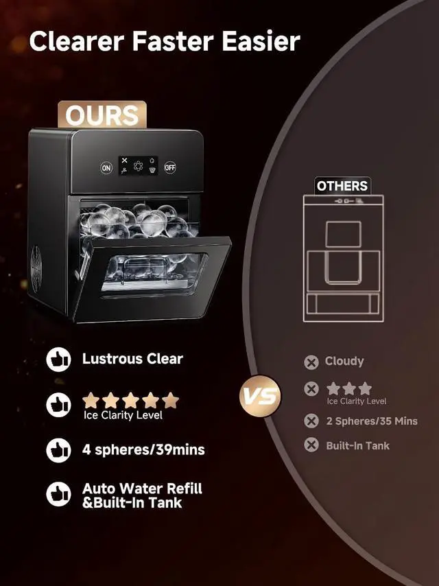 Alt view image 5 of 7 - 2" Clear Ice Ball Maker with ClearCore Technology,155pcs/Day,4 Ice Balls in 39 Mins,Countertop Sphere Maker with Automatic Water SupplySelf-Cleaning,Enhanced Insulation for Whiskey & Bourbon
