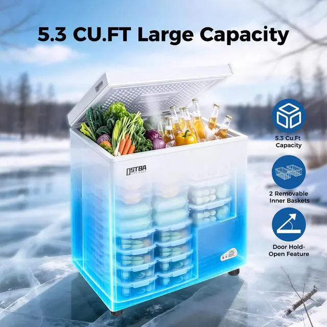 Alt view image 2 of 7 - 5.3 Cu.Ft Chest Freezer, Large Capacity Deep Freezer with 2 Removable Baskets, Bottom Wheels, 6-Level Temperature Control with Fast Freeze Mode, Energy Saving Quiet Freezer, White
