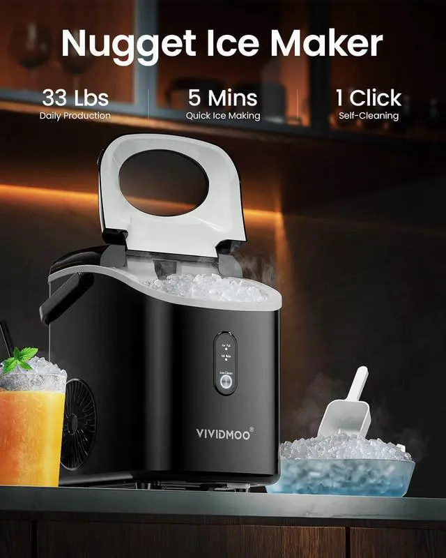 Alt view image 2 of 7 - Nugget Ice Maker Countertop, 34lbs/Day, Portable Sonic Pebble Ice Maker with Self-Cleaning, Fast Ice in 6 Mins, Compact Crushed Pellet Ice Machine for Home/Office/Kitchen/RV/Camping, Black