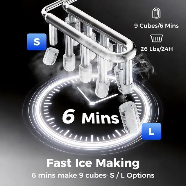 Alt view image 2 of 7 - Countertop Ice Maker Machine, 26Lbs/Day, 2 Ice Sizes, Bullet Ice | 9 Cubes In 6 Min, Self-Cleaning, Portable Design, Smart Indicators, Compact For Home Kitchen RV Party