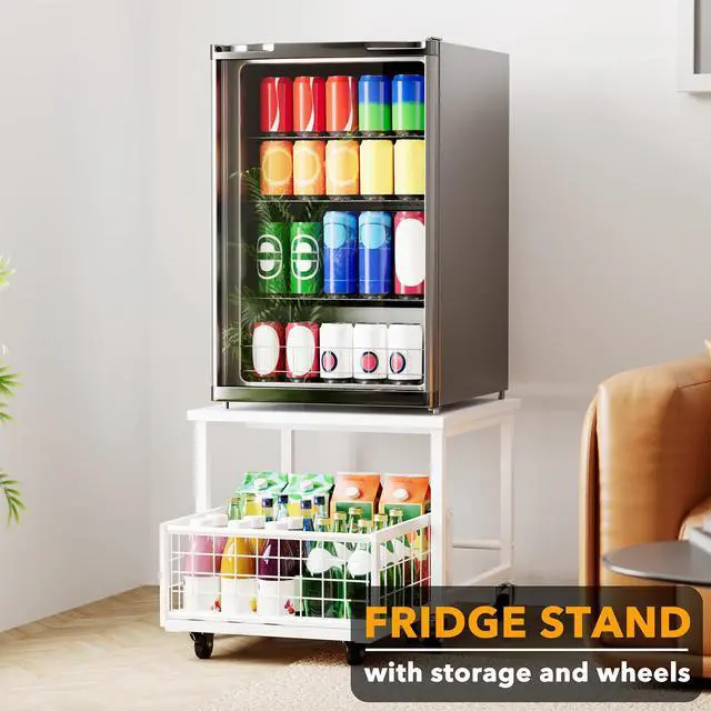 Alt view image 2 of 5 - Mini Fridge Stand with Storage, 19.7" W x 19.7" D Heavy Duty Mobile Refrigerator Shelf Stand Table with Wheels, Fridge Cart Organizer with Drawer Basket for Home Dorm Office (White)