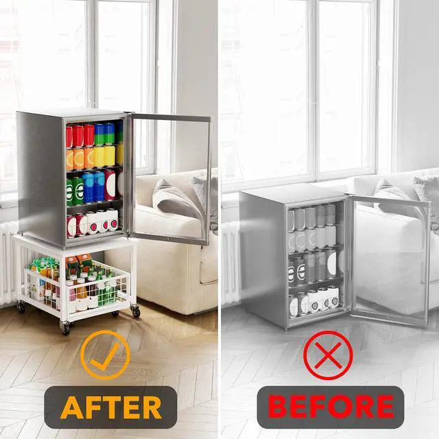 Alt view image 3 of 5 - Mini Fridge Stand with Storage, 19.7" W x 19.7" D Heavy Duty Mobile Refrigerator Shelf Stand Table with Wheels, Fridge Cart Organizer with Drawer Basket for Home Dorm Office (White)