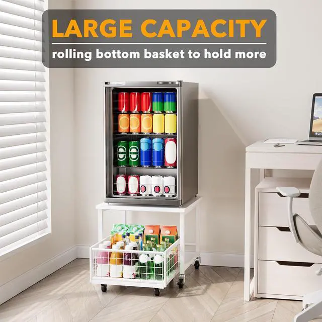Alt view image 5 of 5 - Mini Fridge Stand with Storage, 19.7" W x 19.7" D Heavy Duty Mobile Refrigerator Shelf Stand Table with Wheels, Fridge Cart Organizer with Drawer Basket for Home Dorm Office (White)