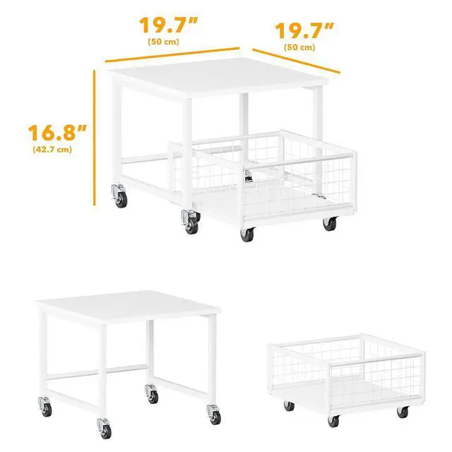 Alt view image 4 of 5 - Mini Fridge Stand with Storage, 19.7" W x 19.7" D Heavy Duty Mobile Refrigerator Shelf Stand Table with Wheels, Fridge Cart Organizer with Drawer Basket for Home Dorm Office (White)