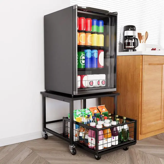 Main image of Mini Fridge Stand with Storage, 19.7" W x 19.7" D Heavy Duty Mobile Refrigerator Shelf Stand Table with Wheels, Fridge Cart Organizer with Drawer Basket for Home Dorm Office (Black)