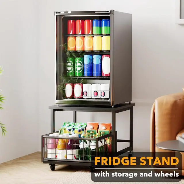 Alt view image 2 of 5 - Mini Fridge Stand with Storage, 19.7" W x 19.7" D Heavy Duty Mobile Refrigerator Shelf Stand Table with Wheels, Fridge Cart Organizer with Drawer Basket for Home Dorm Office (Black)