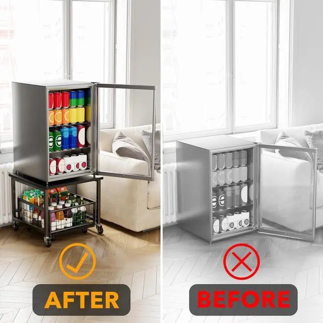 Alt view image 3 of 5 - Mini Fridge Stand with Storage, 19.7" W x 19.7" D Heavy Duty Mobile Refrigerator Shelf Stand Table with Wheels, Fridge Cart Organizer with Drawer Basket for Home Dorm Office (Black)