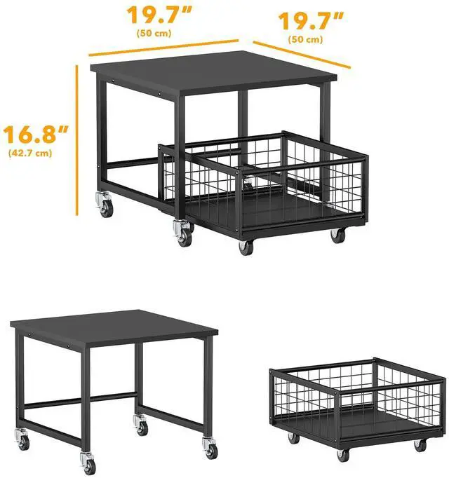 Alt view image 4 of 5 - Mini Fridge Stand with Storage, 19.7" W x 19.7" D Heavy Duty Mobile Refrigerator Shelf Stand Table with Wheels, Fridge Cart Organizer with Drawer Basket for Home Dorm Office (Black)