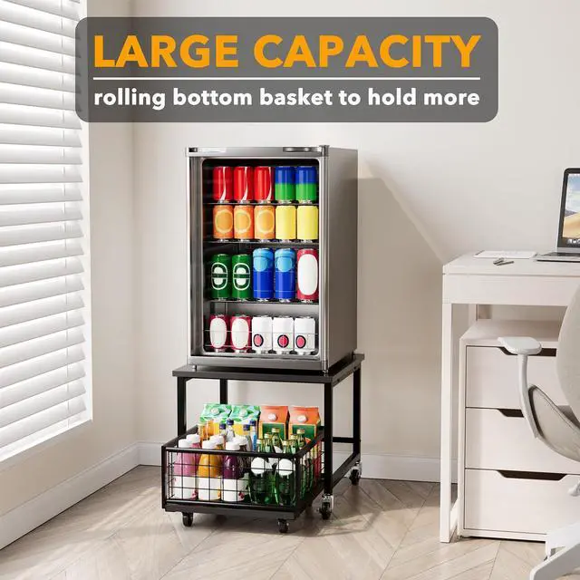 Alt view image 5 of 5 - Mini Fridge Stand with Storage, 19.7" W x 19.7" D Heavy Duty Mobile Refrigerator Shelf Stand Table with Wheels, Fridge Cart Organizer with Drawer Basket for Home Dorm Office (Black)