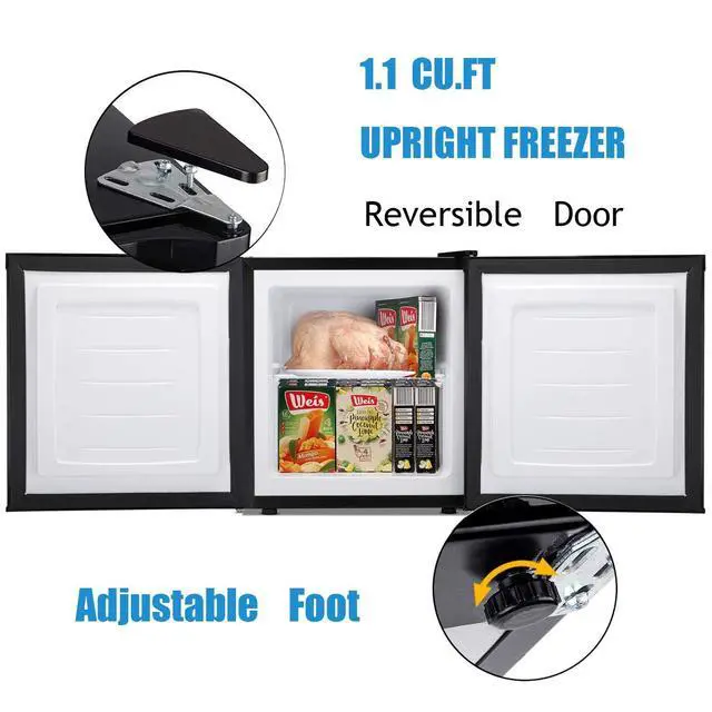 Alt view image 6 of 7 - Upright Freezer 1.1 Cu.ft, Compact Mini Freezer with Reversible Single Door, Temperature Control, Removable Shelves, Small freezer Stainless Steel for Dorms Home Office, Black