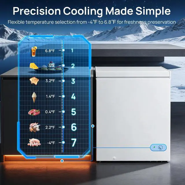 Alt view image 3 of 7 - 5.0 Cu.Ft Chest Freezer with 3 Removable Baskets | Garage, apartment & dorm frozen food storage, 7-level thermostat, 43 dB quiet operation, energy-efficient cooling