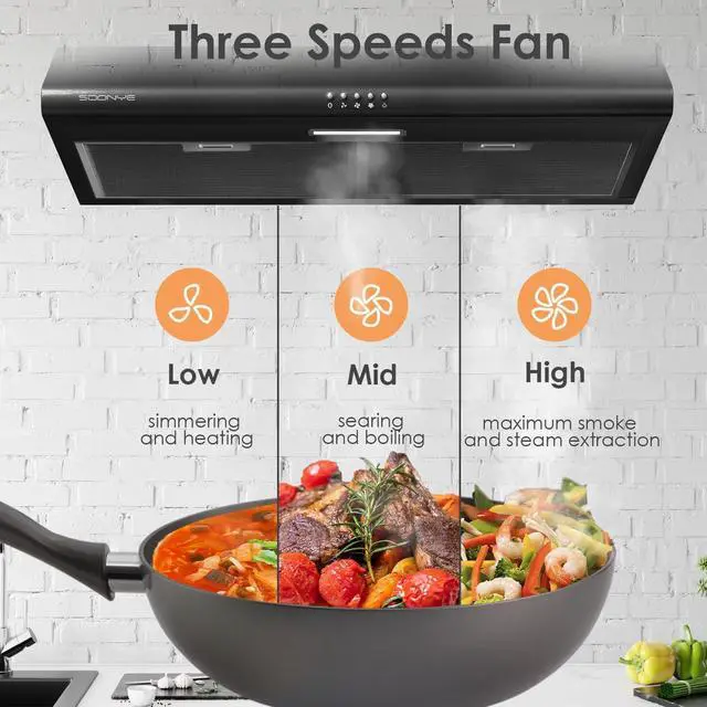 Alt view image 2 of 7 - 30 inch Stainless Steel Under Cabinet Range Hood, Slim Kitchen Vent Hood Ducted/Ductless Convertible with 3 Speed Controls, 5-Layer Aluminum Filters,LED Lights (Matte Black)