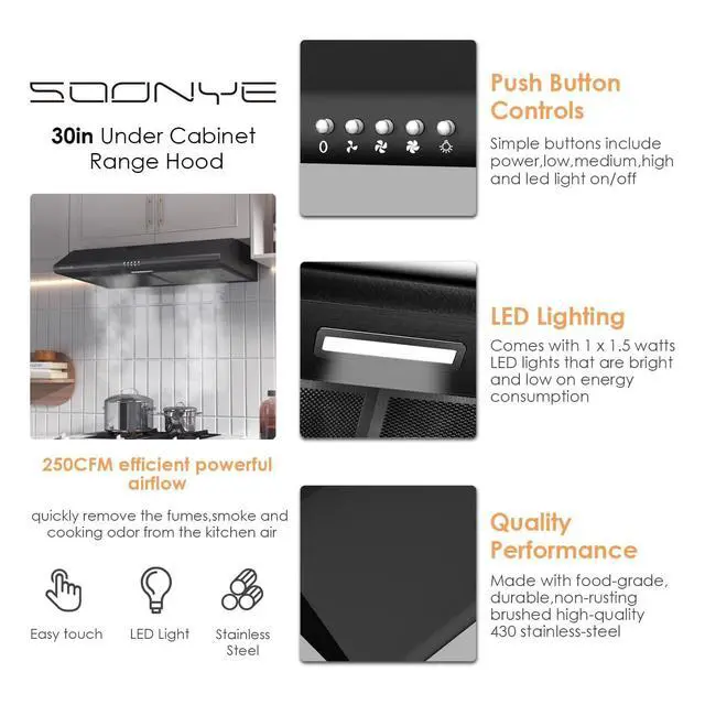 Alt view image 7 of 7 - 30 inch Stainless Steel Under Cabinet Range Hood, Slim Kitchen Vent Hood Ducted/Ductless Convertible with 3 Speed Controls, 5-Layer Aluminum Filters,LED Lights (Matte Black)