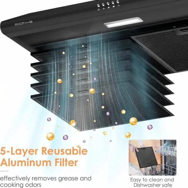 Alt view image 6 of 7 - 30 inch Stainless Steel Under Cabinet Range Hood, Slim Kitchen Vent Hood Ducted/Ductless Convertible with 3 Speed Controls, 5-Layer Aluminum Filters,LED Lights (Matte Black)