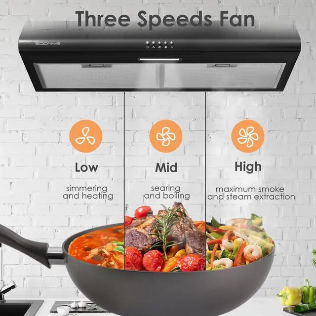 Alt view image 2 of 7 - 30 inch Stainless Steel Under Cabinet Range Hood, Slim Kitchen Vent Hood Ducted/Ductless Convertible with 3 Speed Controls, 5-Layer Aluminum Filters,LED Lights (Black)
