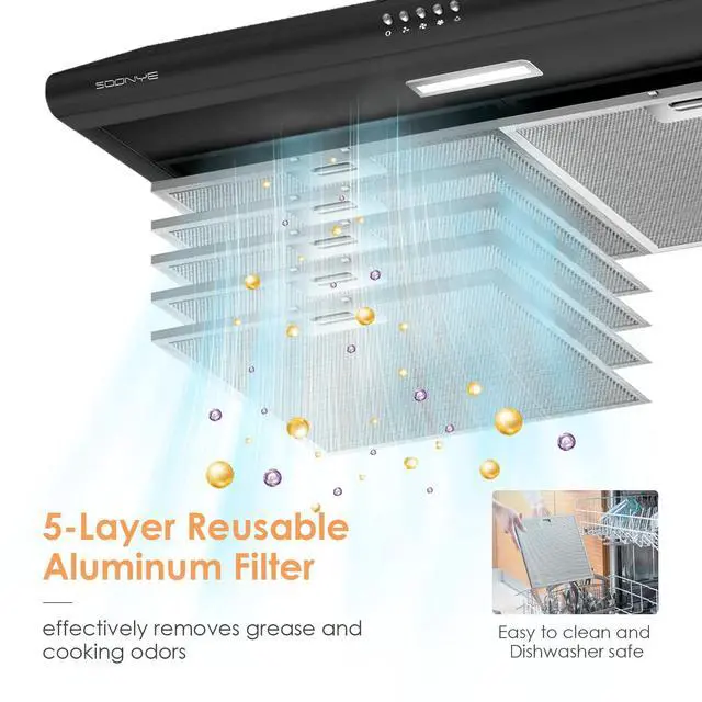 Alt view image 3 of 7 - 30 inch Stainless Steel Under Cabinet Range Hood, Slim Kitchen Vent Hood Ducted/Ductless Convertible with 3 Speed Controls, 5-Layer Aluminum Filters,LED Lights (Black)