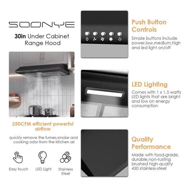 Alt view image 4 of 7 - 30 inch Stainless Steel Under Cabinet Range Hood, Slim Kitchen Vent Hood Ducted/Ductless Convertible with 3 Speed Controls, 5-Layer Aluminum Filters,LED Lights (Black)