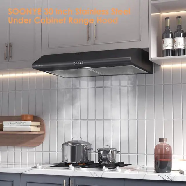 Alt view image 6 of 7 - 30 inch Stainless Steel Under Cabinet Range Hood, Slim Kitchen Vent Hood Ducted/Ductless Convertible with 3 Speed Controls, 5-Layer Aluminum Filters,LED Lights (Black)