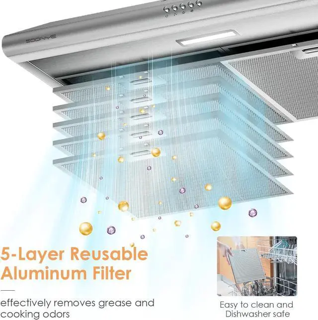 Alt view image 3 of 7 - 30 inch Stainless Steel Under Cabinet Range Hood, Slim Kitchen Vent Hood Ducted/Ductless Convertible with 3 Speed Controls, 5-Layer Aluminum Filters,LED Lights (Silver)