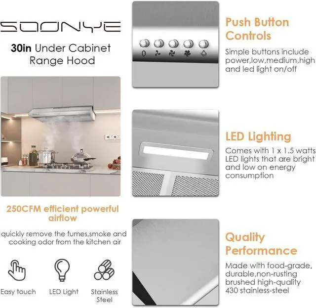 Alt view image 4 of 7 - 30 inch Stainless Steel Under Cabinet Range Hood, Slim Kitchen Vent Hood Ducted/Ductless Convertible with 3 Speed Controls, 5-Layer Aluminum Filters,LED Lights (Silver)