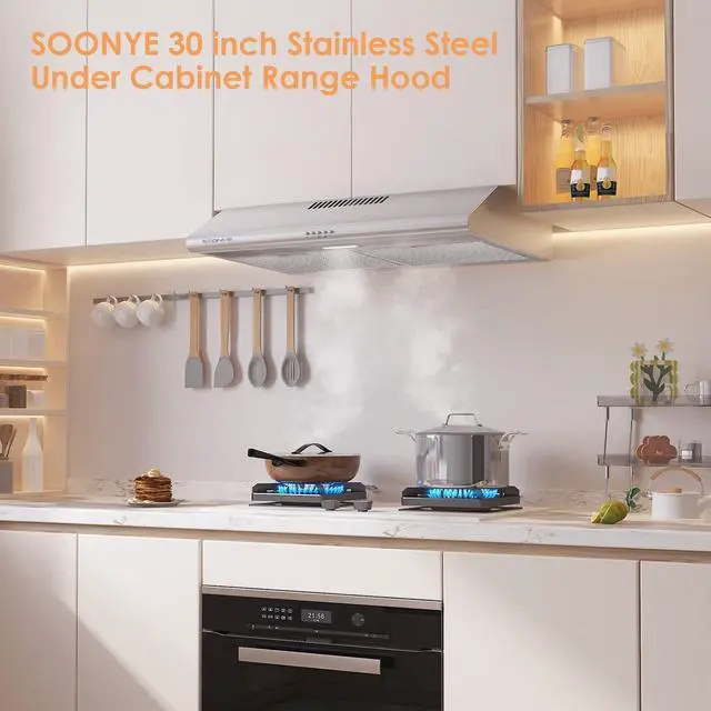Alt view image 6 of 7 - 30 inch Stainless Steel Under Cabinet Range Hood, Slim Kitchen Vent Hood Ducted/Ductless Convertible with 3 Speed Controls, 5-Layer Aluminum Filters,LED Lights (Silver)
