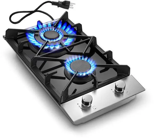 Main image of Gas Cooktop 2 Burner 12 Inch, Propane Cooktop Dual Fuel LPG/NG Convertible, Gas Stove Built-in Black Tempered Glass with Thermocouple Protection for Apartment Outdoor RV