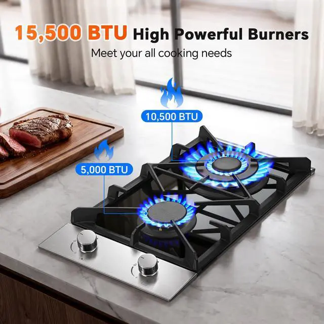 Alt view image 2 of 7 - Gas Cooktop 2 Burner 12 Inch, Propane Cooktop Dual Fuel LPG/NG Convertible, Gas Stove Built-in Black Tempered Glass with Thermocouple Protection for Apartment Outdoor RV
