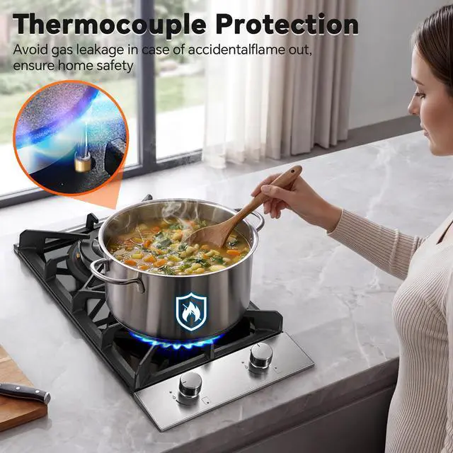 Alt view image 3 of 7 - Gas Cooktop 2 Burner 12 Inch, Propane Cooktop Dual Fuel LPG/NG Convertible, Gas Stove Built-in Black Tempered Glass with Thermocouple Protection for Apartment Outdoor RV