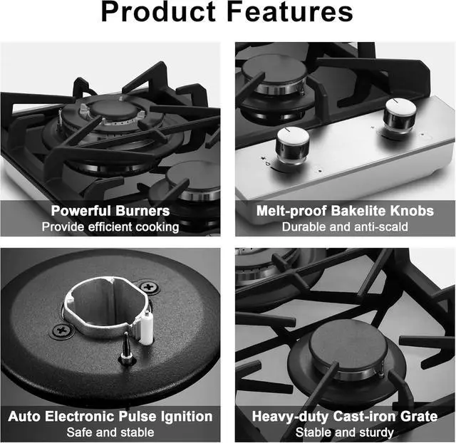 Alt view image 5 of 7 - Gas Cooktop 2 Burner 12 Inch, Propane Cooktop Dual Fuel LPG/NG Convertible, Gas Stove Built-in Black Tempered Glass with Thermocouple Protection for Apartment Outdoor RV
