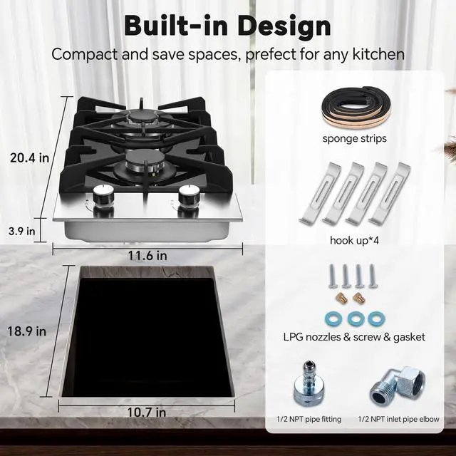 Alt view image 4 of 7 - Gas Cooktop 2 Burner 12 Inch, Propane Cooktop Dual Fuel LPG/NG Convertible, Gas Stove Built-in Black Tempered Glass with Thermocouple Protection for Apartment Outdoor RV