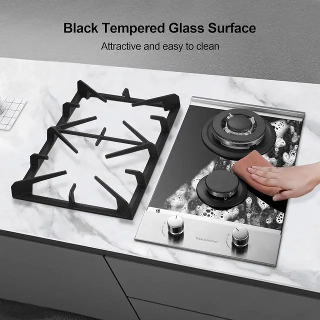 Alt view image 6 of 7 - Gas Cooktop 2 Burner 12 Inch, Propane Cooktop Dual Fuel LPG/NG Convertible, Gas Stove Built-in Black Tempered Glass with Thermocouple Protection for Apartment Outdoor RV